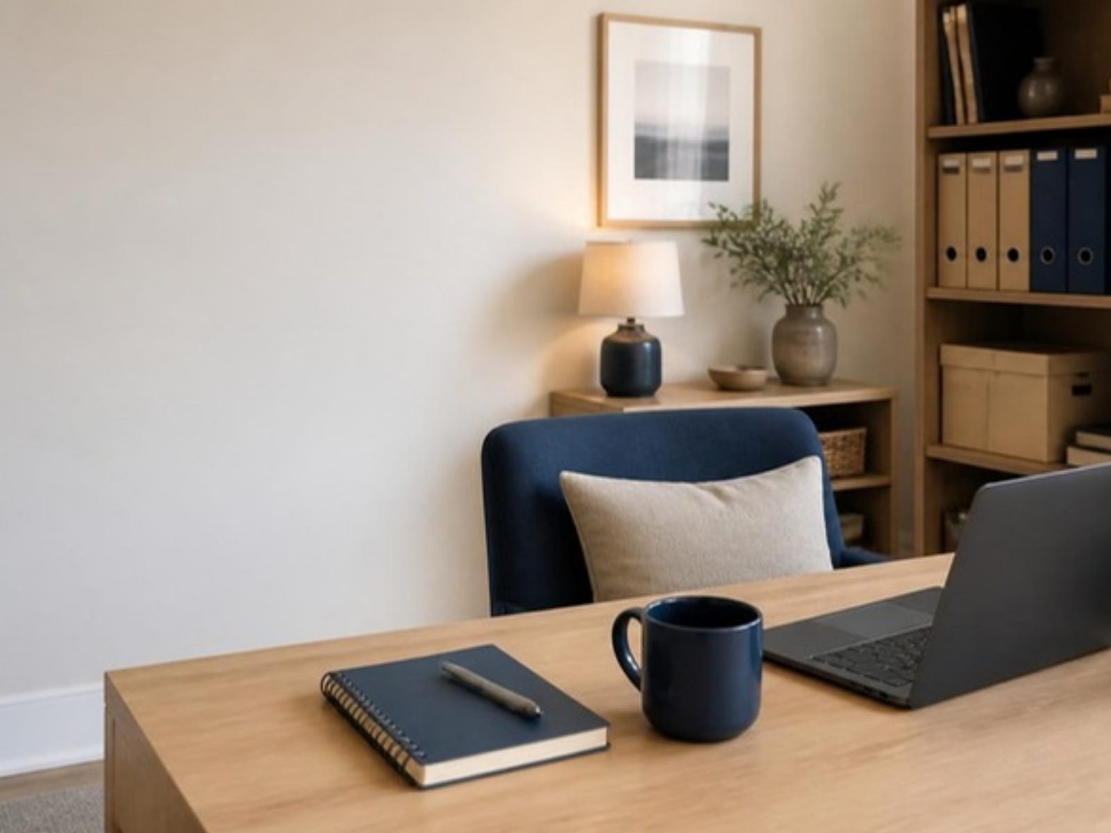 Espace de travail lumineux avec carnet, tasse et ordinateur